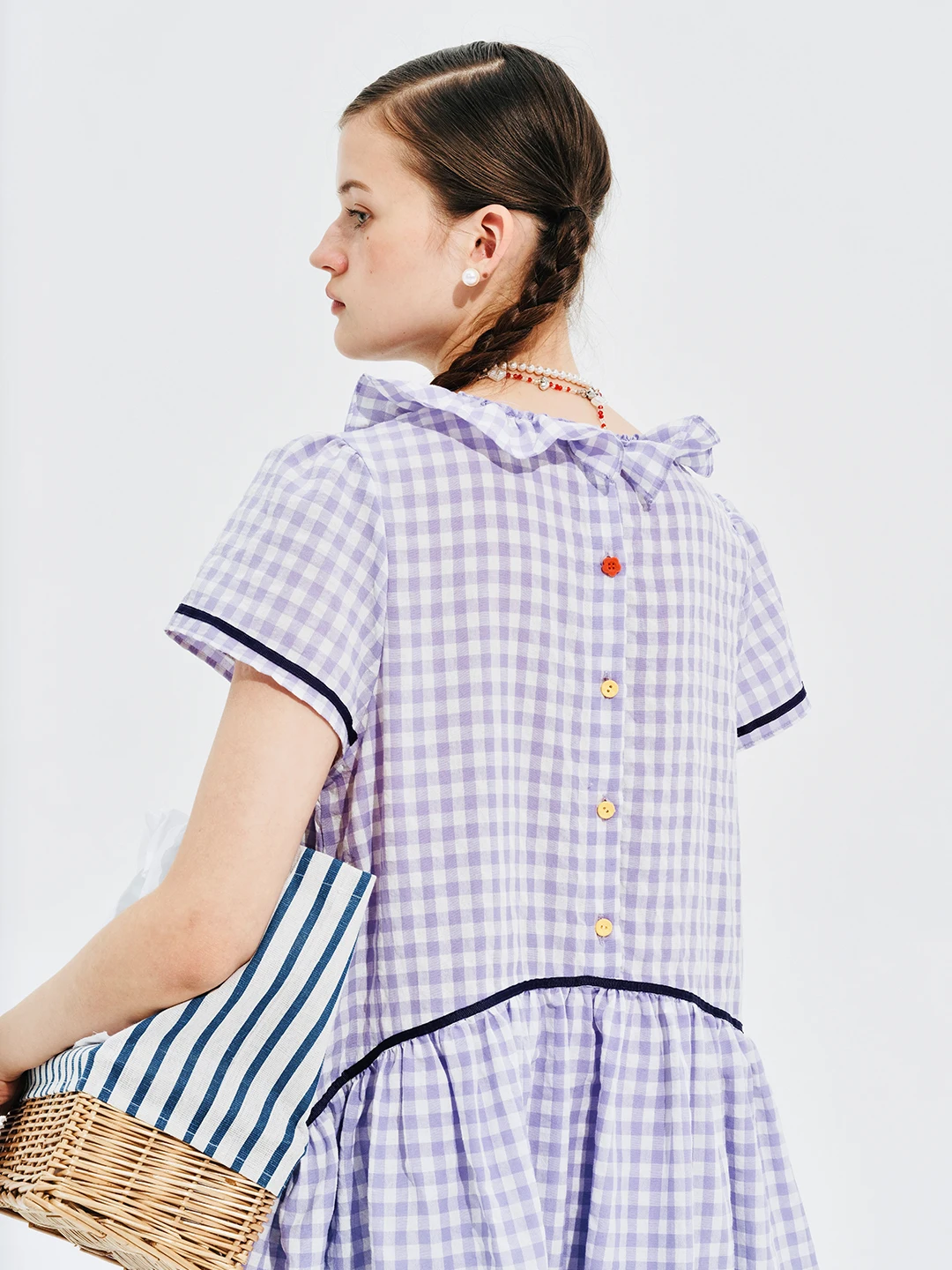 IMAKOKONI original design short-sleeved purple plaid lace stitching summer dress 244657