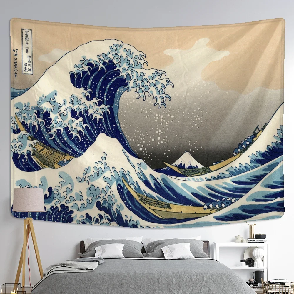 Cartoon Print Blanket Kanagawa Wave Tapestry Wall Hanging Bohemian Bed Hippie Japanese Illustration Kawaii Bedroom Home Decor