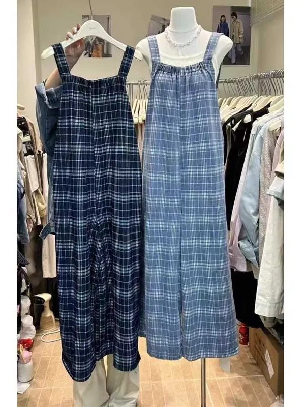 

Retro Plaid Stras Wide Leg Pants Loose Slimming Casual Women's plus Size Overalls Cotton Summer Casual Faion
