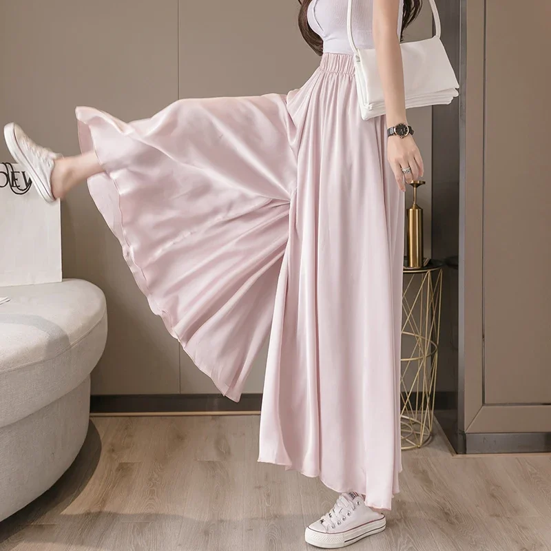 Women Loose Casual Chiffon Pants 2024 Solid Color High Waist Wide Leg Pant Summer Flowing Ruffled Trousers Female Beach Bottoms