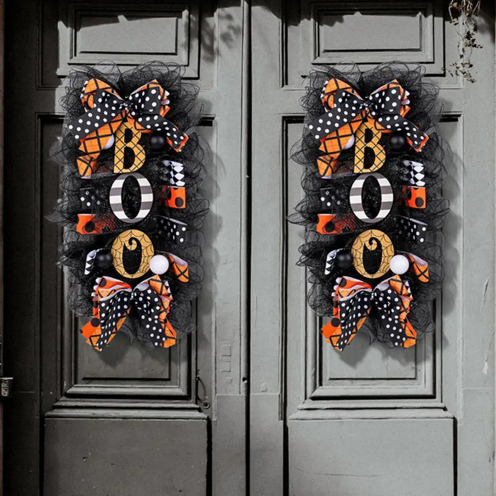 Halloween Wreath Outdoor Spooky Halloween Swag Wreath with Mesh Ribbon Boo Garland for Front Door Party Decor Ornaments for Wall
