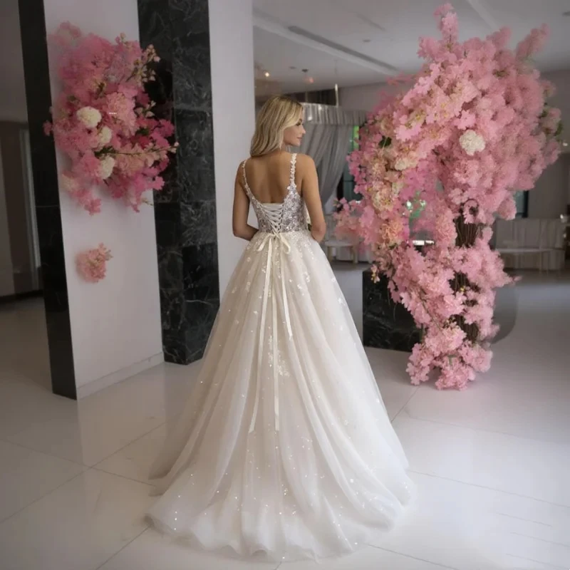 فستان سهرة فاخر باللون الأبيض للنساء مخصص من الدانتيل على شكل حرف v فستان سهرة شفاف مشد للحفلات Vestdos De Fiesta مخصص