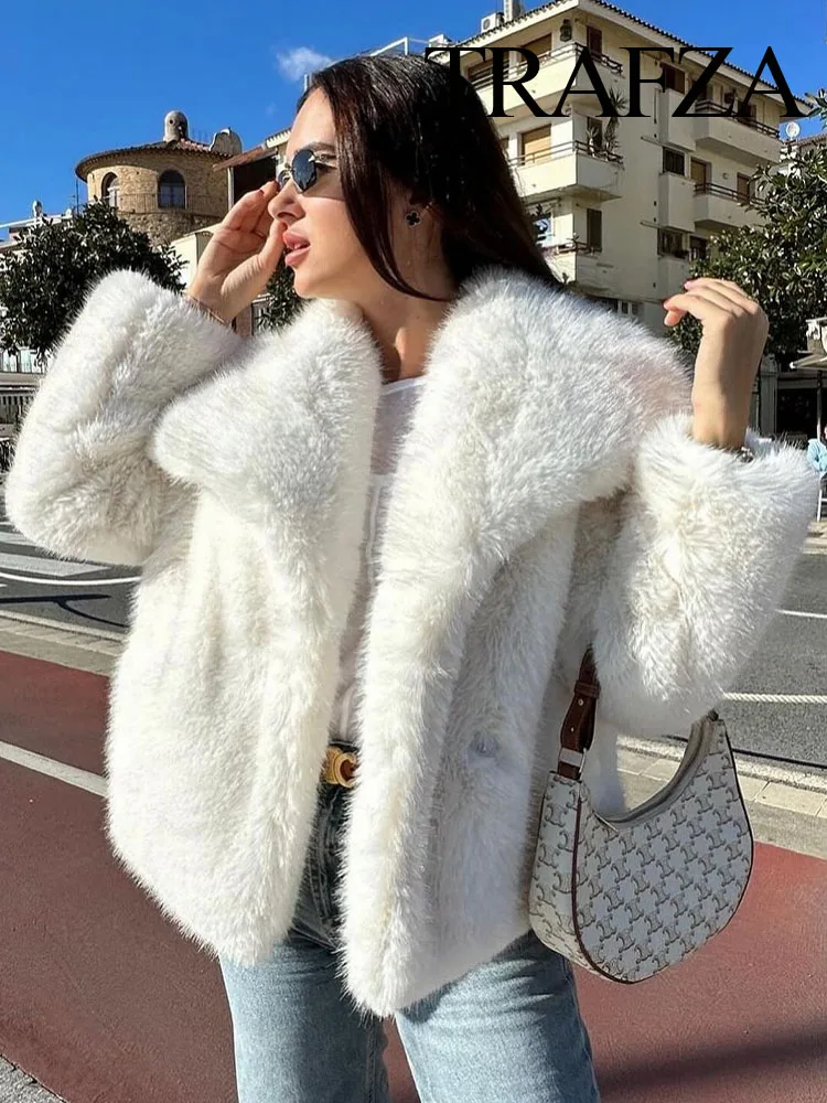 TRAFZA 2024 Winter New Fashion Fluffy Fur Coat Women\'s Street  Warm Big Fur Collar Faux Fox Fur Jacket Woman Gradient Overcoat