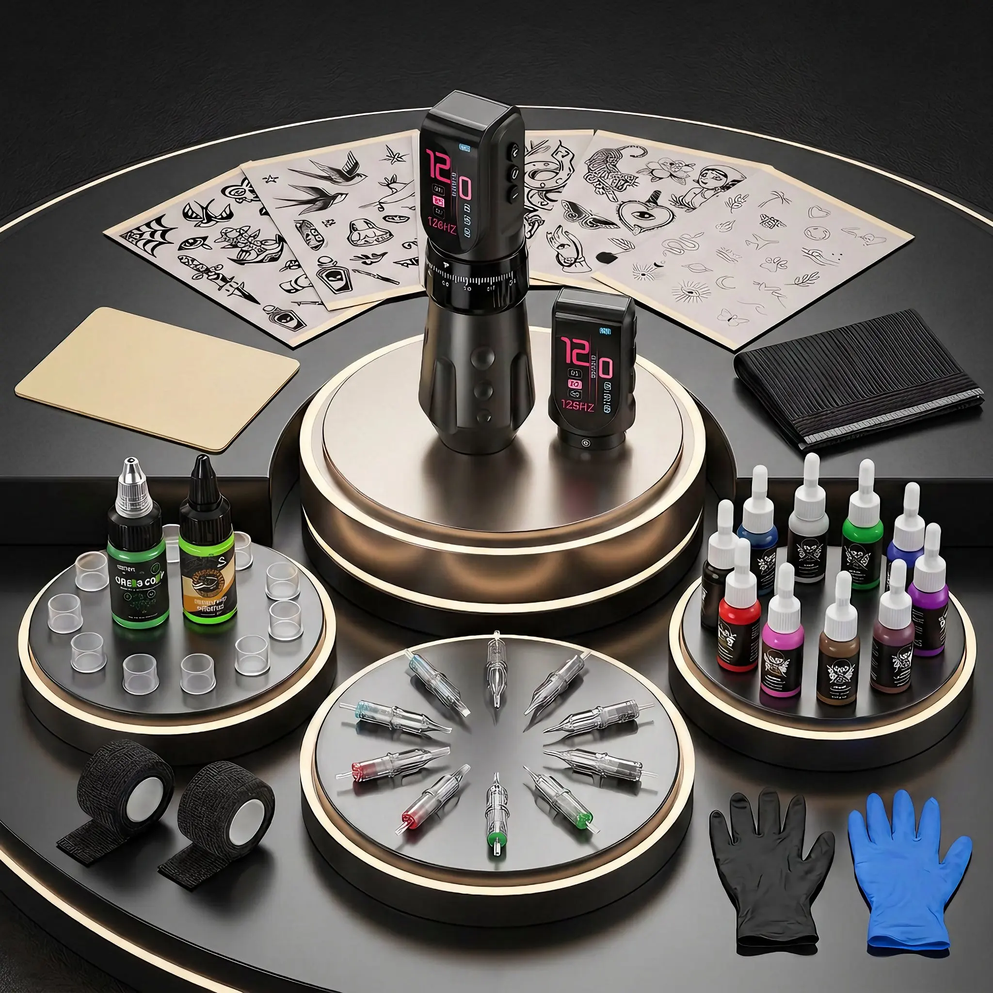 Free Shipping DQFART Hot T9Pro Black Two Batteries Detachable Battery Colorful Led Digltal Display Electric Wireless Tattoo Machine Tattoo Ink Practice Skin Supplies Accessories Transfer Paper Transfer Printing Gel Tattoo Needles Tattoo Artists Body Art