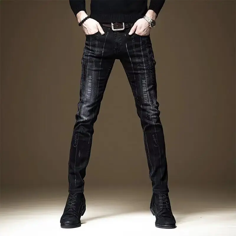 

Spring Summer New Men's Striped Embroidered Printed Black Stretch Jeans Korean Slim-fit Small-footed Casual Denim Tears Pants