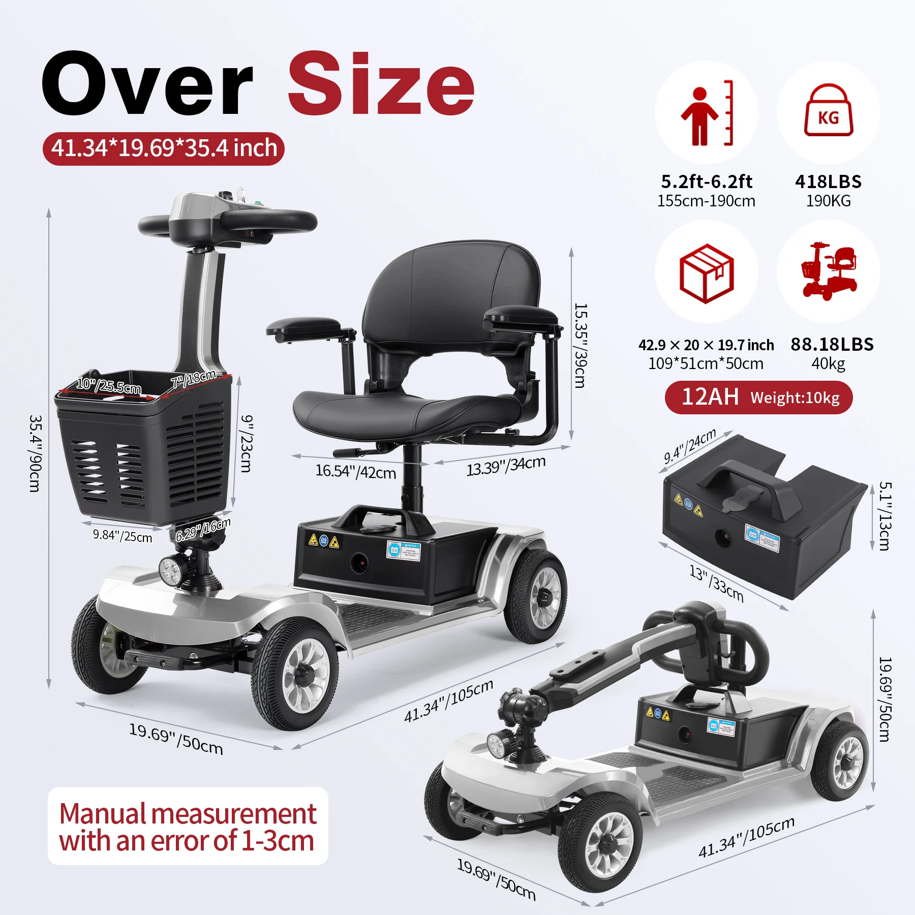 Unificare Foldable 4 Wheel Electric Mobility Scooter for Seniors 12AH Detachable Battery 3 73MPH Max Speed 12 4 Miles Range All Terrain 8 Puncture Proof Solid Tire with Basket Electromagnetic Brake for Travel Shopping