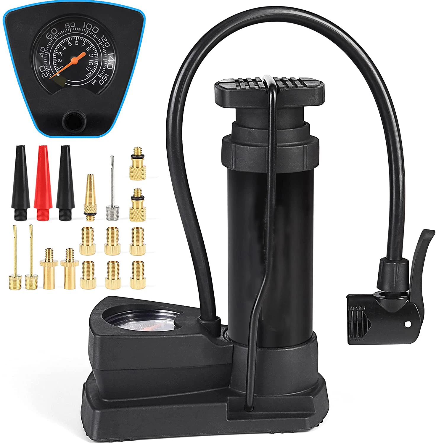 

STLF Mini Bike Foot Pump Portable Inflator Ball Pump With Pressure Gauge 17PCS Brass Presta & Schrader Valve Nozzle Adapter