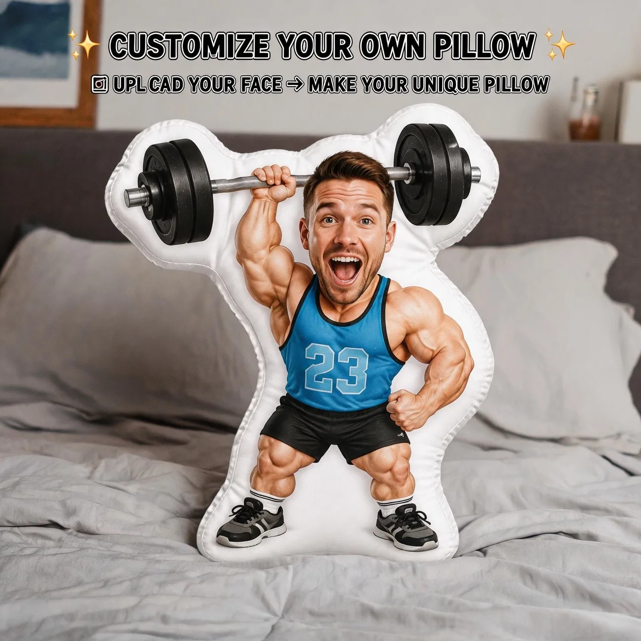 Custom Personalized Photo Face Pillow, Funny Gym Workout Bodybuilder Lifting Barbell Custom Shaped Decor Cushion, Unique Home