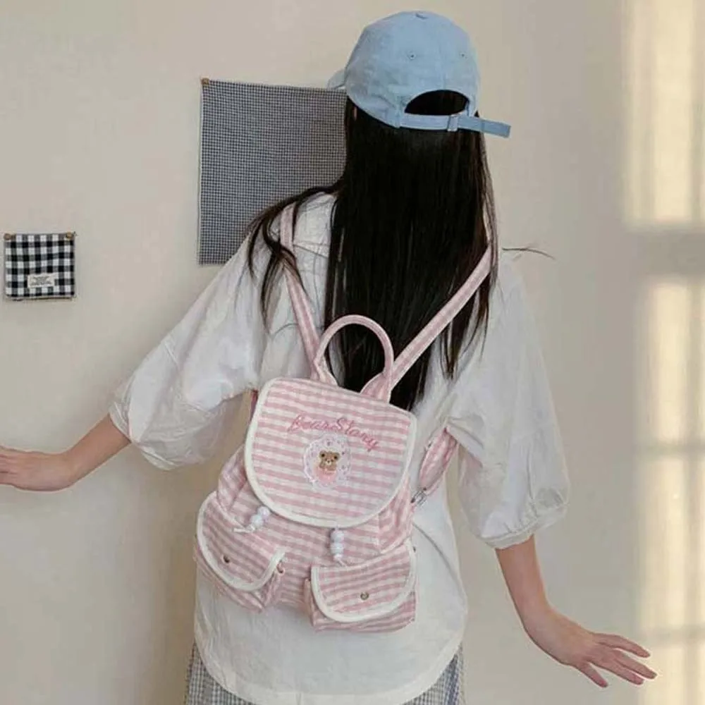 Sweet Korean Drawstring Backpack Large Capacity Bow Women Daily School Bag Magnetic Button Scratch Prevention