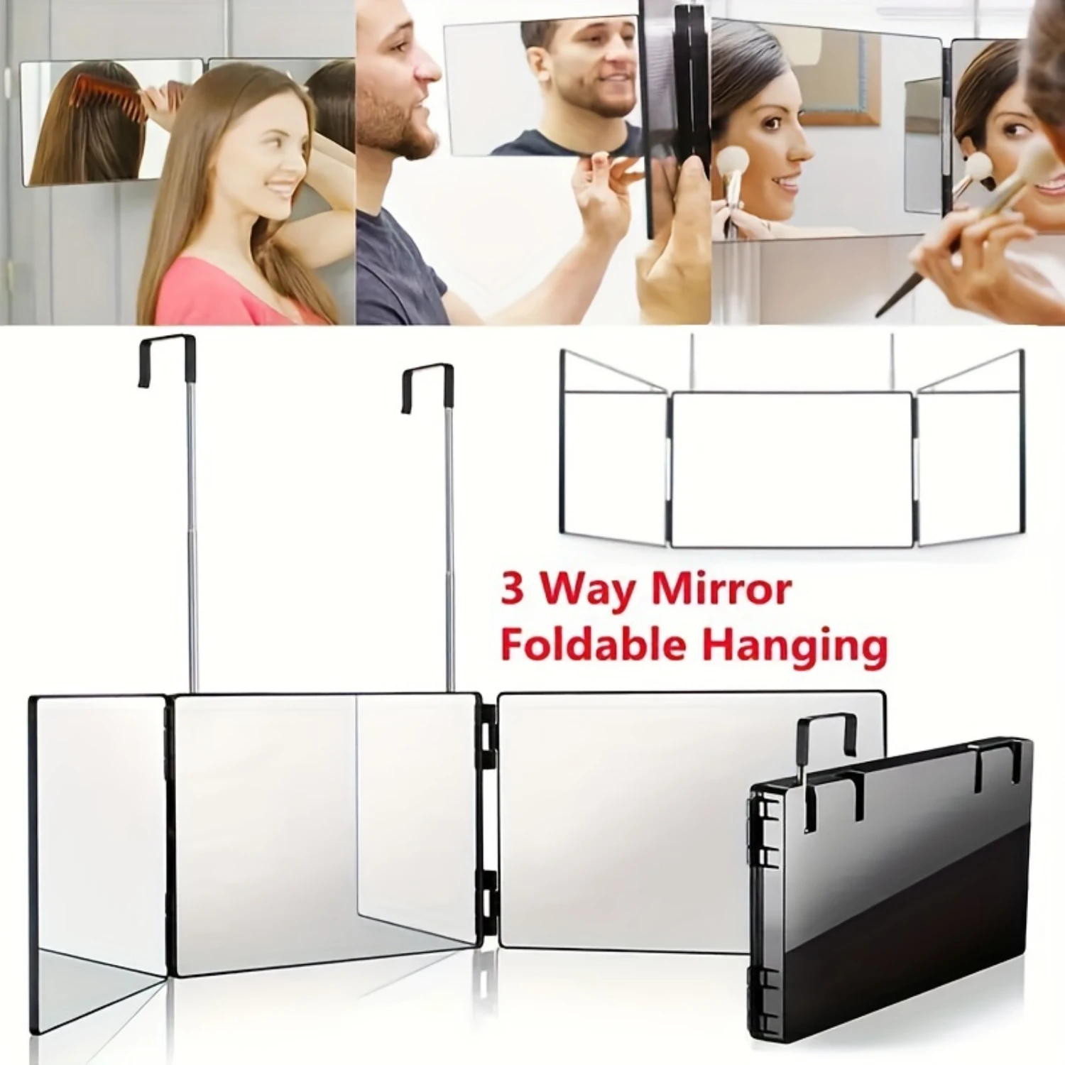 Portable Vanity Beauty Makeup Mirror with 3 Way Telescopic Hanging Design, Adjustable Retractable Hook and Trifold Function - Pe