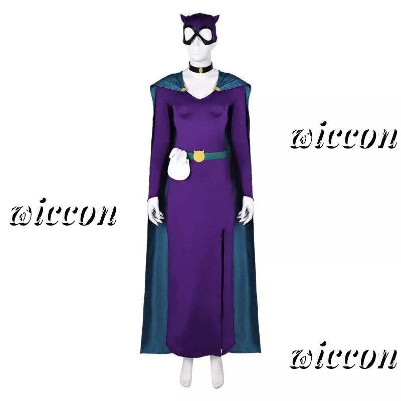 

Костюм для косплея в кошачьем стиле с маской, поясом и карманом, фиолетовый комплект, наряд для Хэллоуина и карнавала для женщин