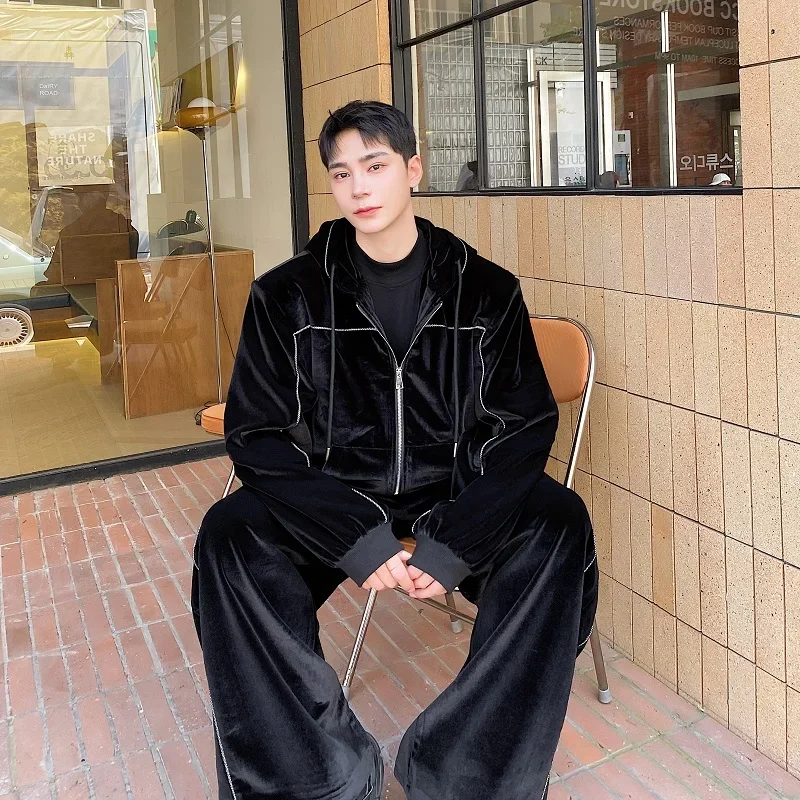 Spring Autumn Men Velvet Sets Jacket Pant Korean Streetwear Loose Casual Vintage Hooded Jacket Wide Leg Baggy Pants Tracksuits