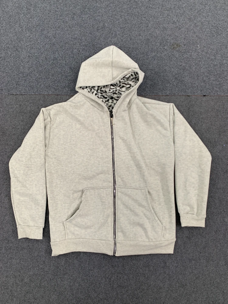 Vintage Gothic Street Zipper Loose Hoodie Top Autumn and Winter Fashion Single Solid Color Jacket Leopard Lining Y2k Clothing
