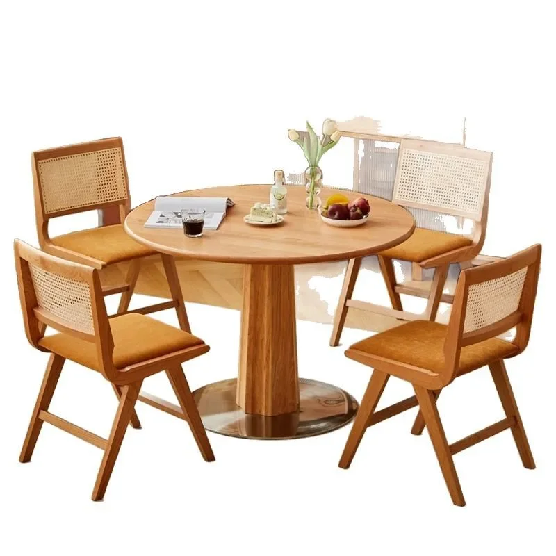 

Nordic all-solid wood thickened rock slab round dining table household cream cherry wood round dining table small apartment