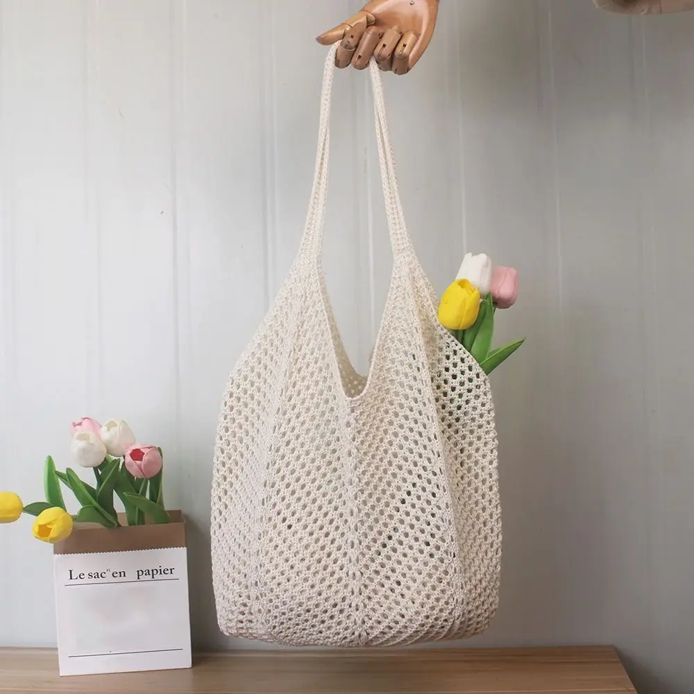 

Cotton Thread Hollow Woven Bag Casual Solid Color Large Capacity Summer Handbag Lightweight Beach Bag Tote Shoulder Bag