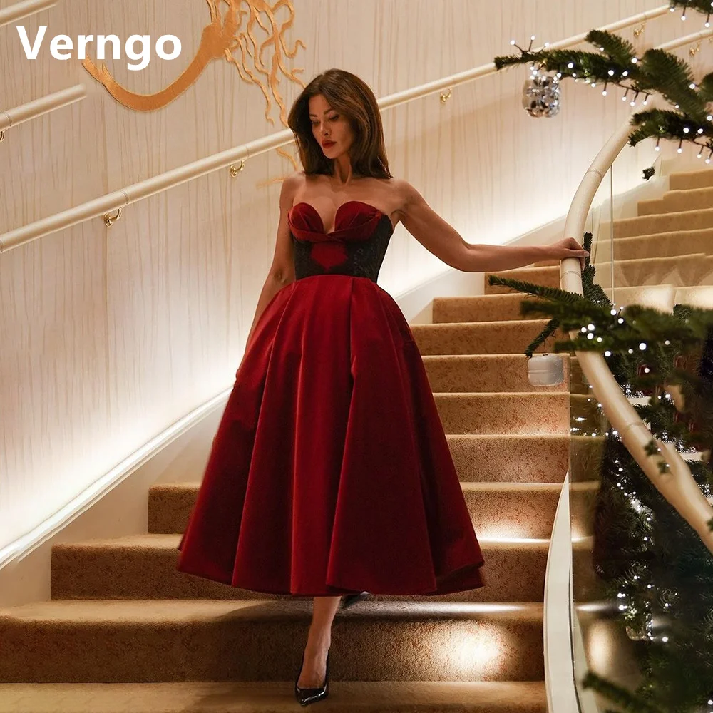 

Verngo Red Velvet Party Dress For Women Sweetheart A Line Formal Occasion Dress Lace Evening Prom Gowns