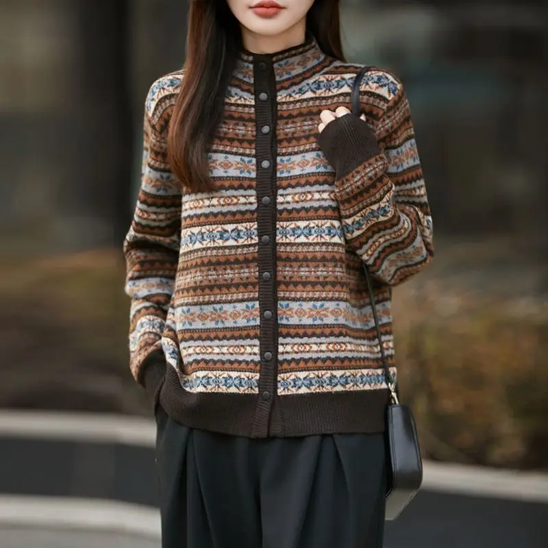 Sheep wool semi-turtleneck retro jacquard autumn and winter loose sweater long sleeve knitted cardigan women 6