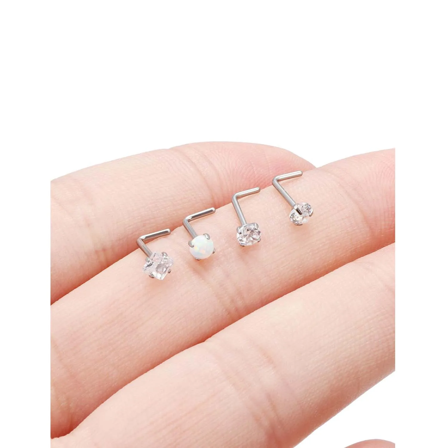 4pcs Stainless Steel Nose Rings 20G L Shaped Rod Round Heart Shaped Corkscrew Nose Studs Opal Square CZ Piercing Jewelry