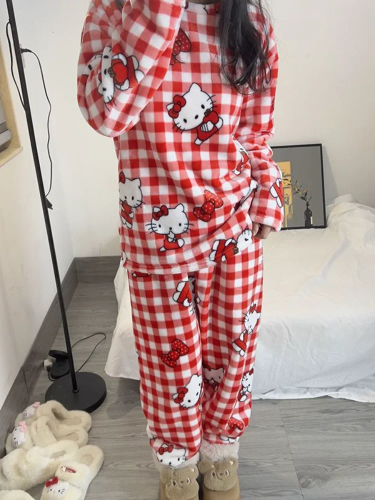 

Sanrios Cute Pajamas Hello Kittys Kawaii Long Sleeves Trousers Suit Sweet Loose Simple Round Neck Home Clothing High End Gifts
