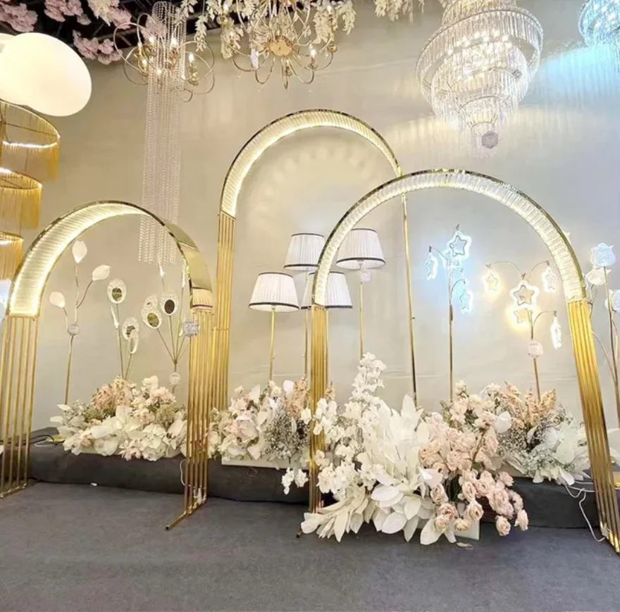 3-piece set of stainless steel shiny gold wedding arch, crystal LED arch, banquet performance, party background props