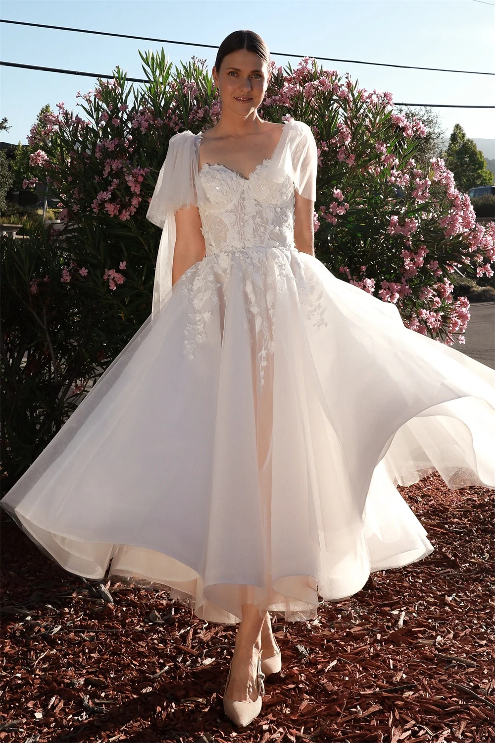 Tokyo Lace Appliques Tulle Tea Length Wedding Dress Cap Sleeve Sweetheart Garden Bridal Gown A Line Elopement Party Dress 2026