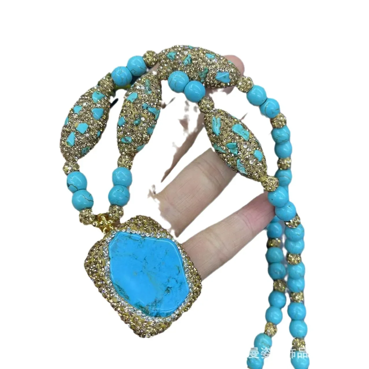 Square turquoise fashion necklace exaggerated sweater chain ethnic style original design natural stone jewelry