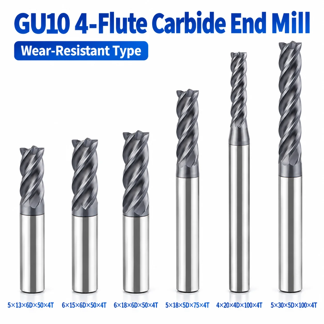 GU10 1-6mm 70 Degree 4 Flute Solid Carbide End Mill Long Reach Flat Bottom CNC Milling Cutter Wear Resistant Tool