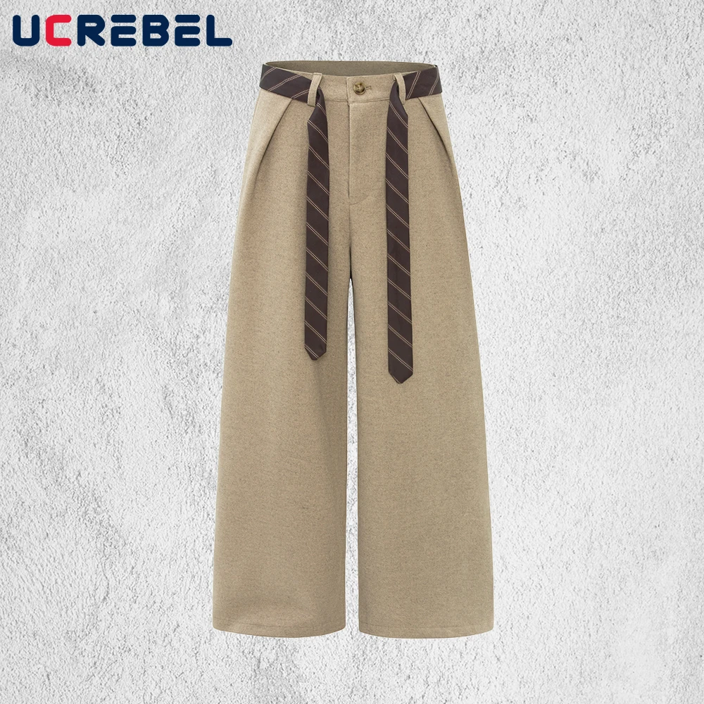 

Retro Pleated Woolen Casual Pants Mens with Belt Autumn Winter High Street Baggy Wide Leg Trousers Man