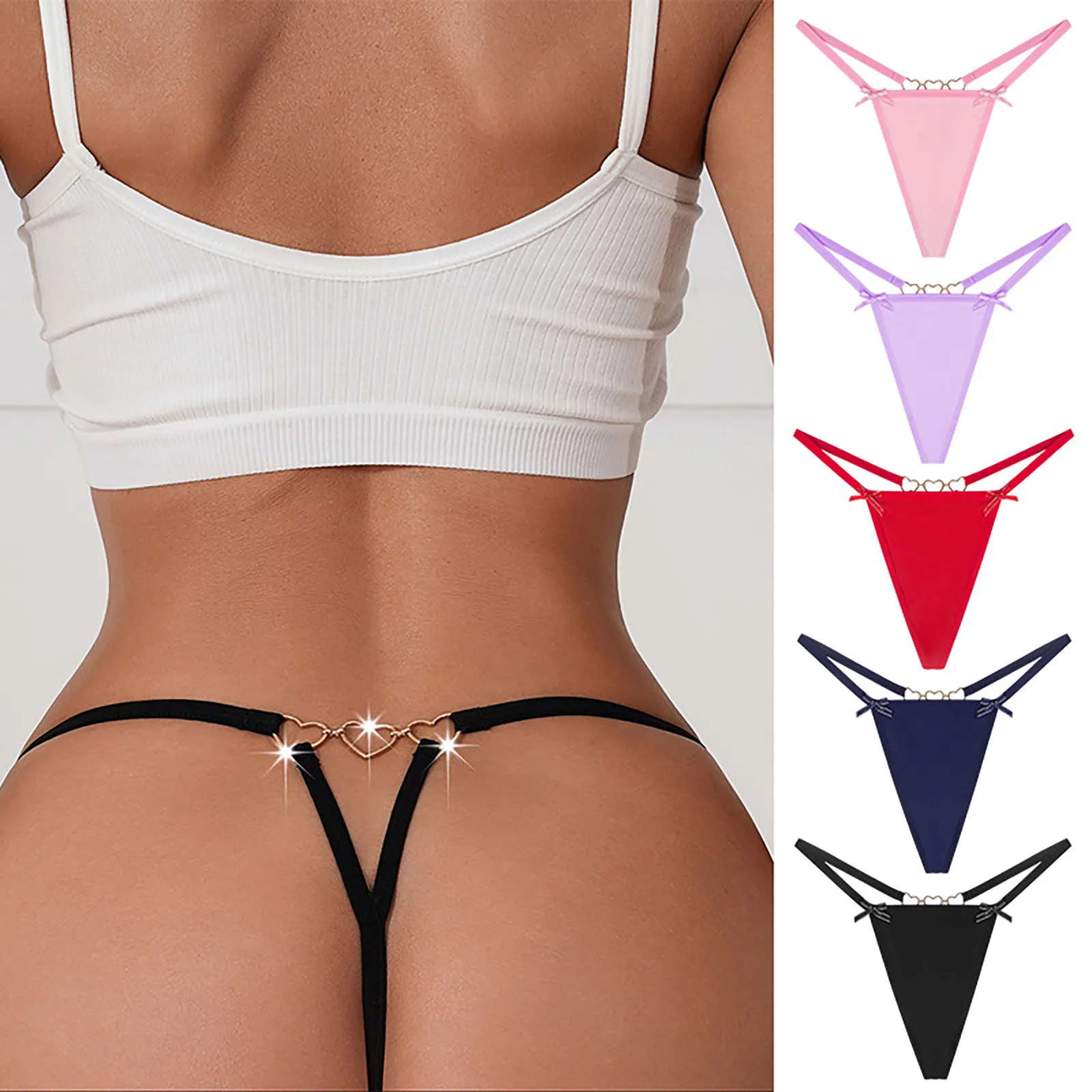 

Women Sexy Hollow Out Thongs Heart Chain Bow Panties Low Rise Solid Thin Strap G-String Lady 2024 New Mini Sensual Tangas Mujer