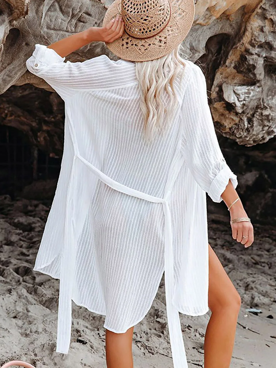 2023 White Kimono Beach Shirt Swimwear Cover Up Pareo Femme Tunic Casual Blouse Summer Women Bathing Suit Cover-ups Beachwear