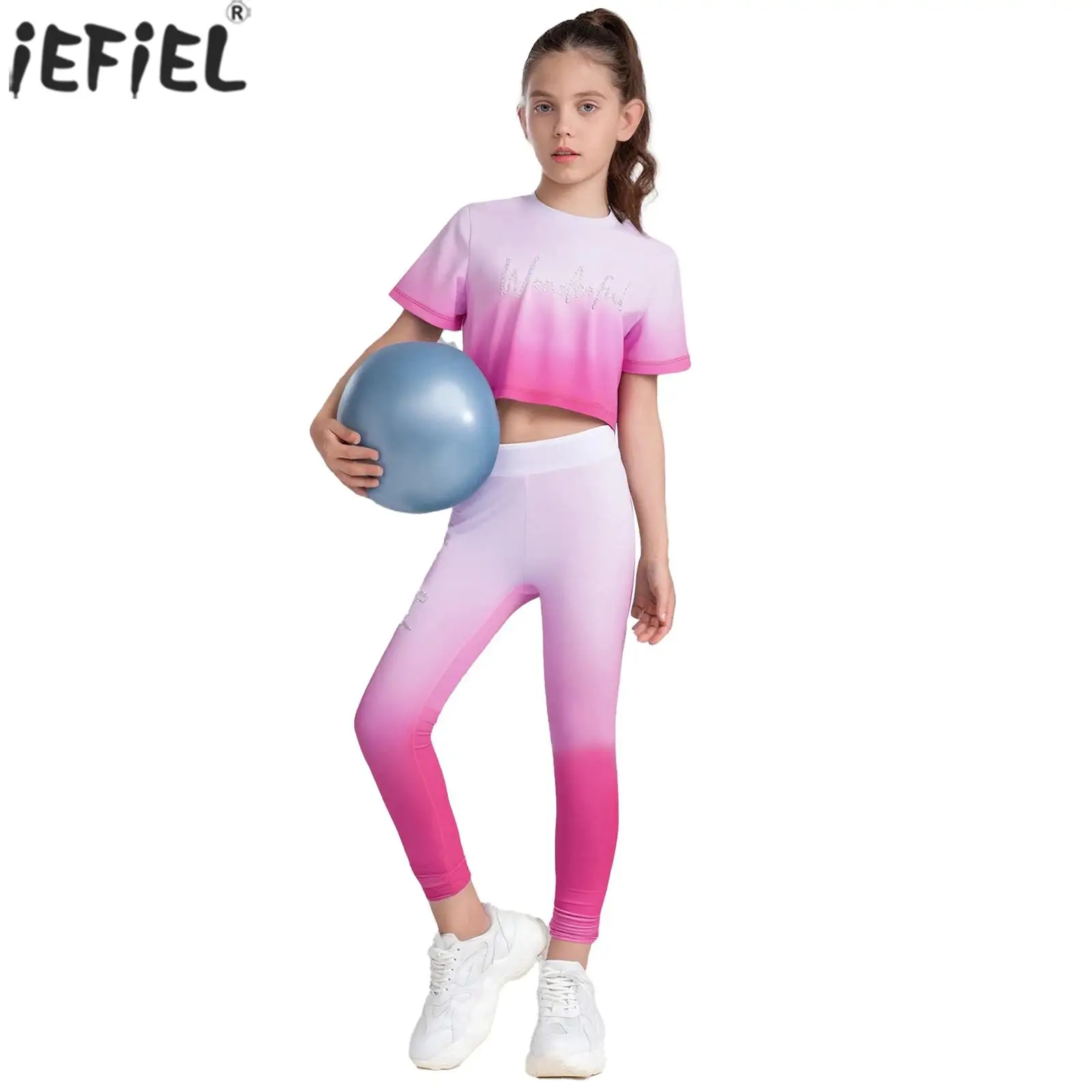 

Kids Girls Gymnastics Dance Sports Outfit Shiny Rhinestones Gradient Color T-shirt with Vest Leggings Yoga Workout Tracksuit