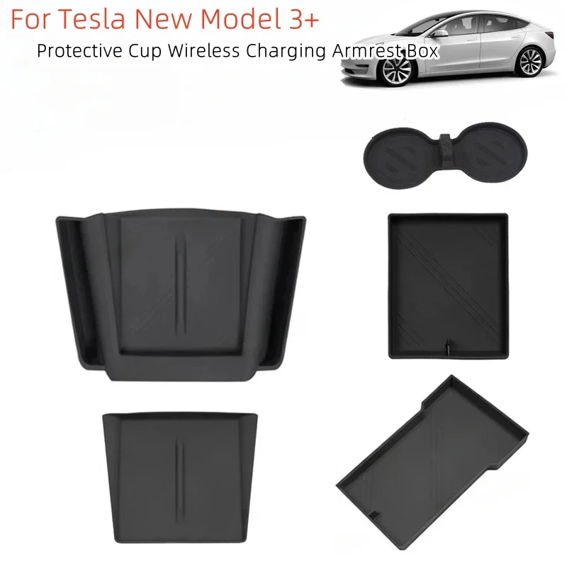 

For Tesla Model 3 Highland 2024 Central Control Silicone Cup Pads Storage Protective Mat Wireless Charge Armrest Box Accessories