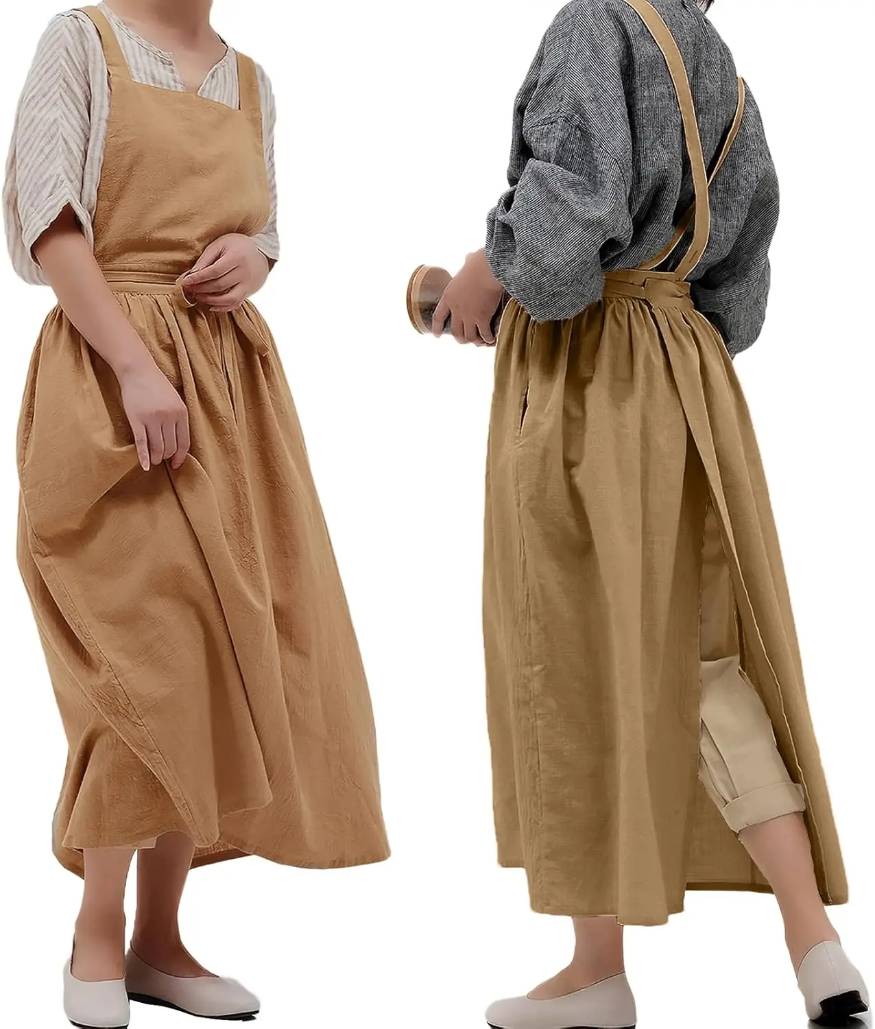 

Pleated Cotton Long Apron with X-Back for Kitchen, Garden, Florist Work - Comfortable Bib Dress