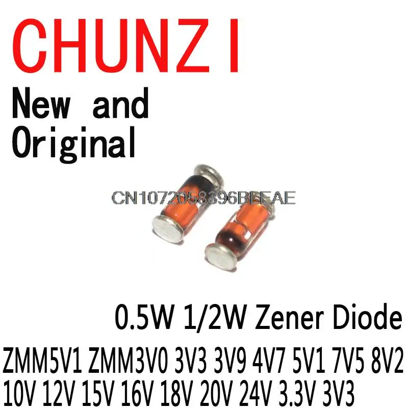 100PCS Zener Diode SMD Diode New 0.5W 1/2W ZMM5V1 ZMM3V0 3V3 3V9 4V7 5V1 7V5 8V2 10V 12V 15V 16V 18V 20V 24V LL34 3.3V 3V3