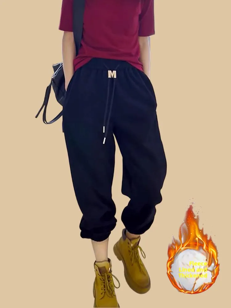 

Женские повседневные брюки с высокой талией, утепленные флисом, удобные, в корейском стиле, с эластичным поясом и шнурком, брюки-харлан