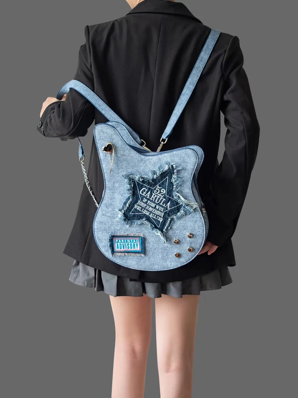 Yao Dong HIATUS original design denim guitar backpack casual creative five-pointed star tassel letter bass crossbody bag