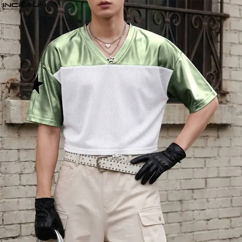 INCERUN Men's T Shirt Mesh Patchwork V Neck Short Sleeve Crop Tops For Man Summer Loose Streetwear Fashion Casual Men Clothes