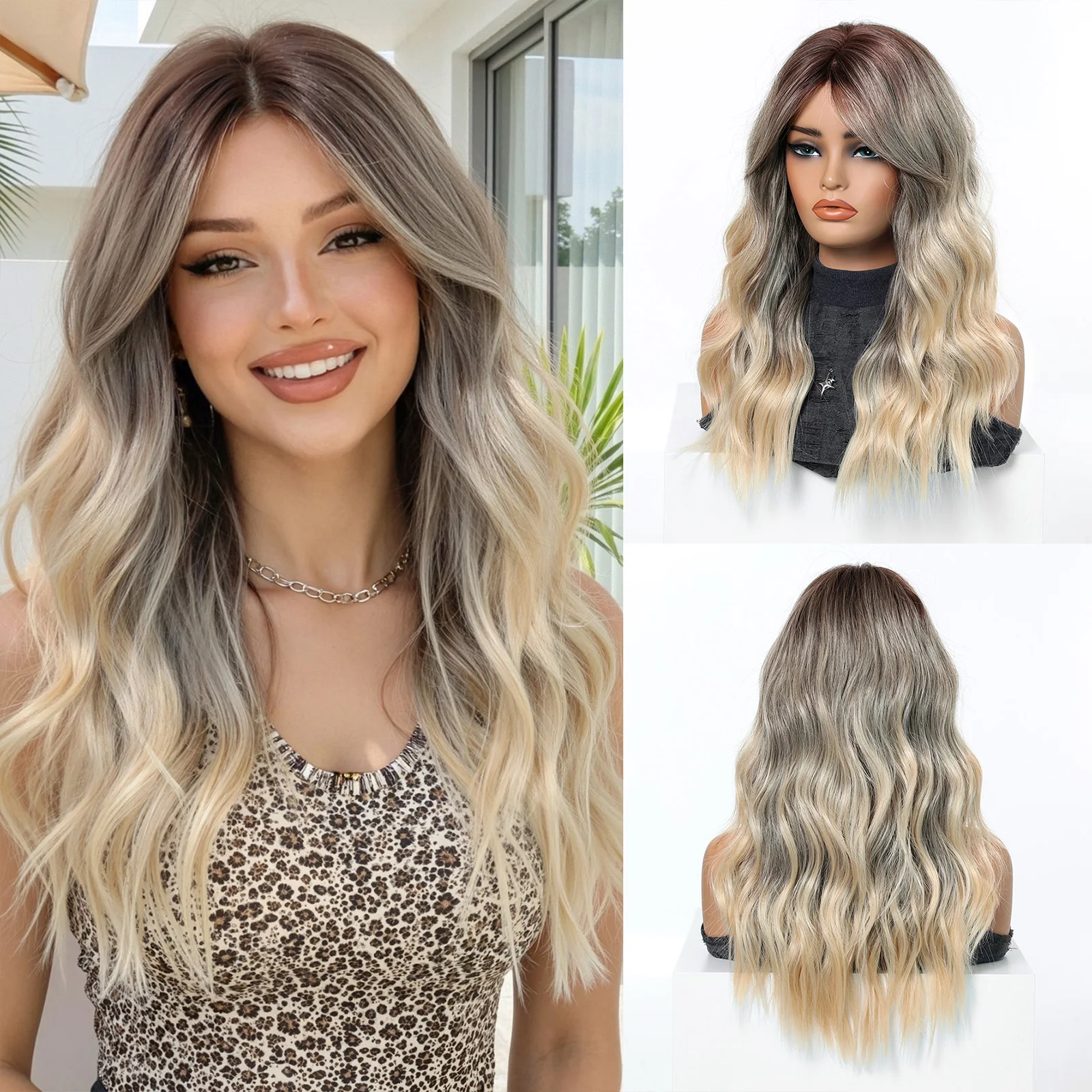 

Длинный волнистый синтетический парик от темно-коричневого до светло-русого с мелированием, гладкий, блестящий, термостойкий, для повседневной носки и вечеринок, для женщин