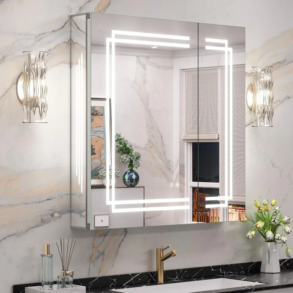 Mirror Cabinets, 30x32 Inch Lighted Medicine Cabinet with LED Vanity Mirror for Bathroom Adjustable, Mirror Cabinets