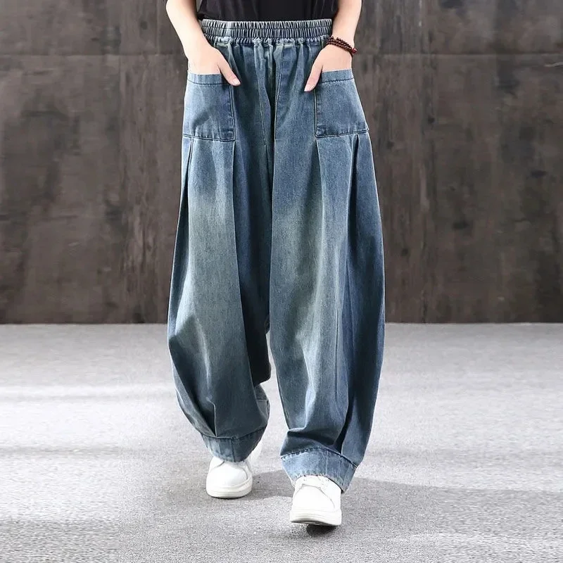 

2024 New Loose Large Size Denim Wide Leg Haren Pants Female Art With Chinese Style Casual Sagging Jeans Bloomers Woman Clothing