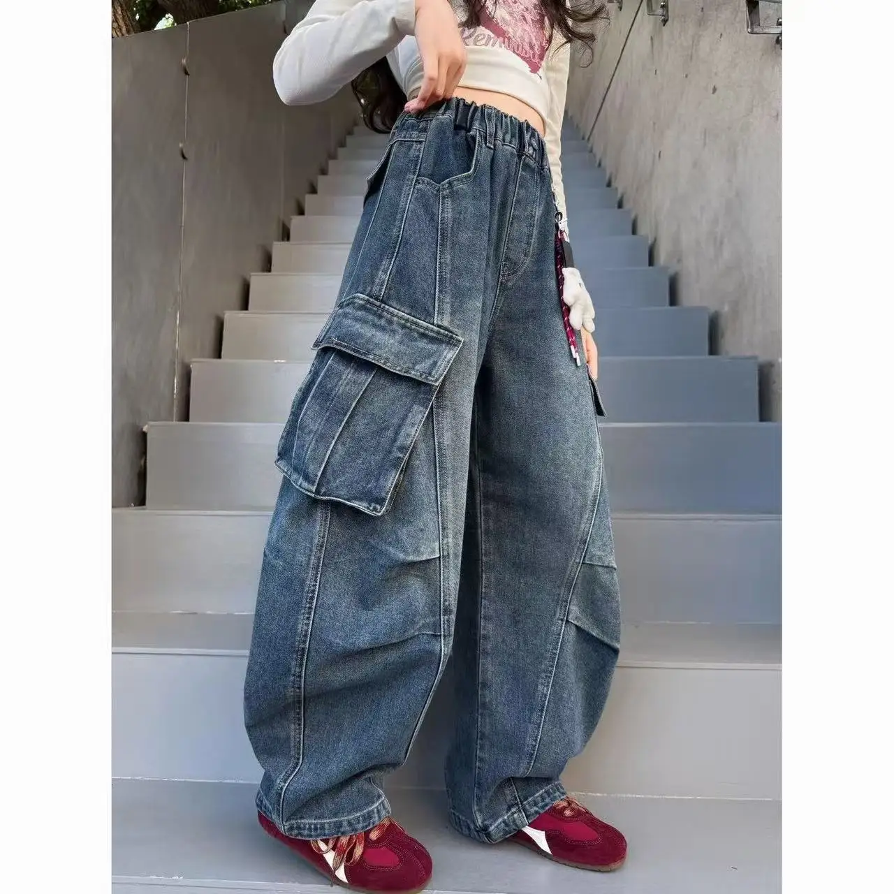 

Teenage Girls Wide Leg Cargo Jeans 5-15Y School Young Children Straight Baggy Trousers Autumn Fashion Kids Casual Denim Pants