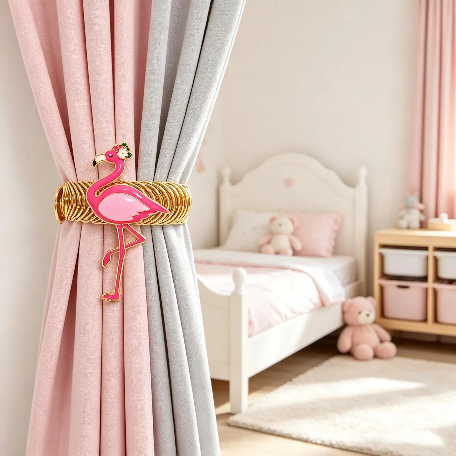 2Pcs Flamingo Curtain Tiebacks Gold Metal Wire Curtain Holdbacks Tropical Coastal Home Window Decor