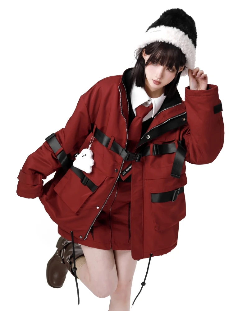Winter New Warm Thickened Safari Style Parkas Women's Christmas Loose Sweet Zipper Cotton Padded Jacket Red Short Skirt Y2k Top