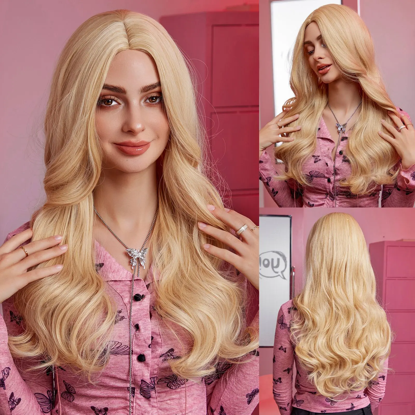 

European and American style blond new wig medium division big wave long curly hair full head cover wigs