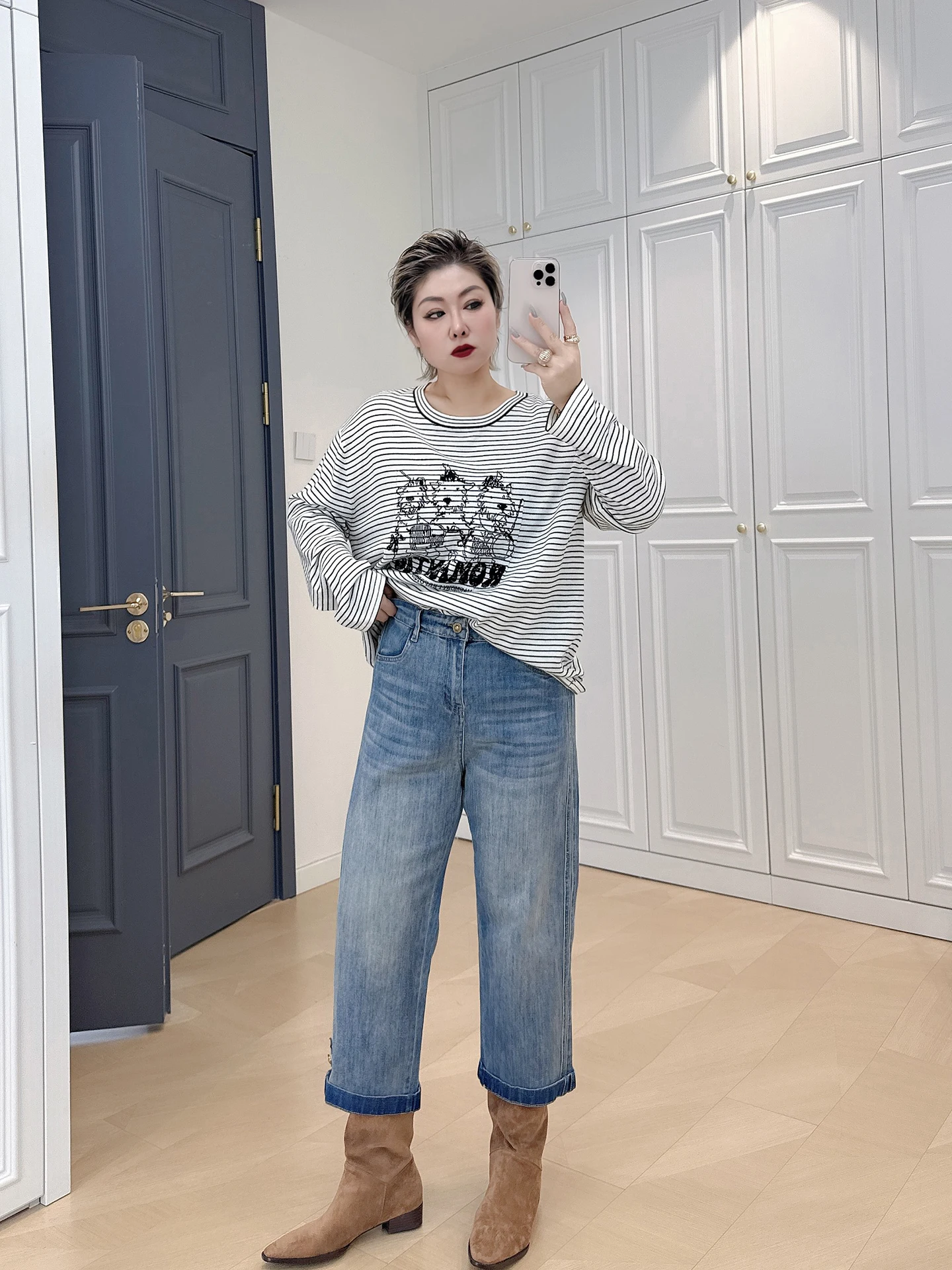

Retro High Waist Straight Leg Jeans plus Size Women's Fashion Versatile 200 Pounds Fat MM Slimming Eight Part Smoke Tube Pants