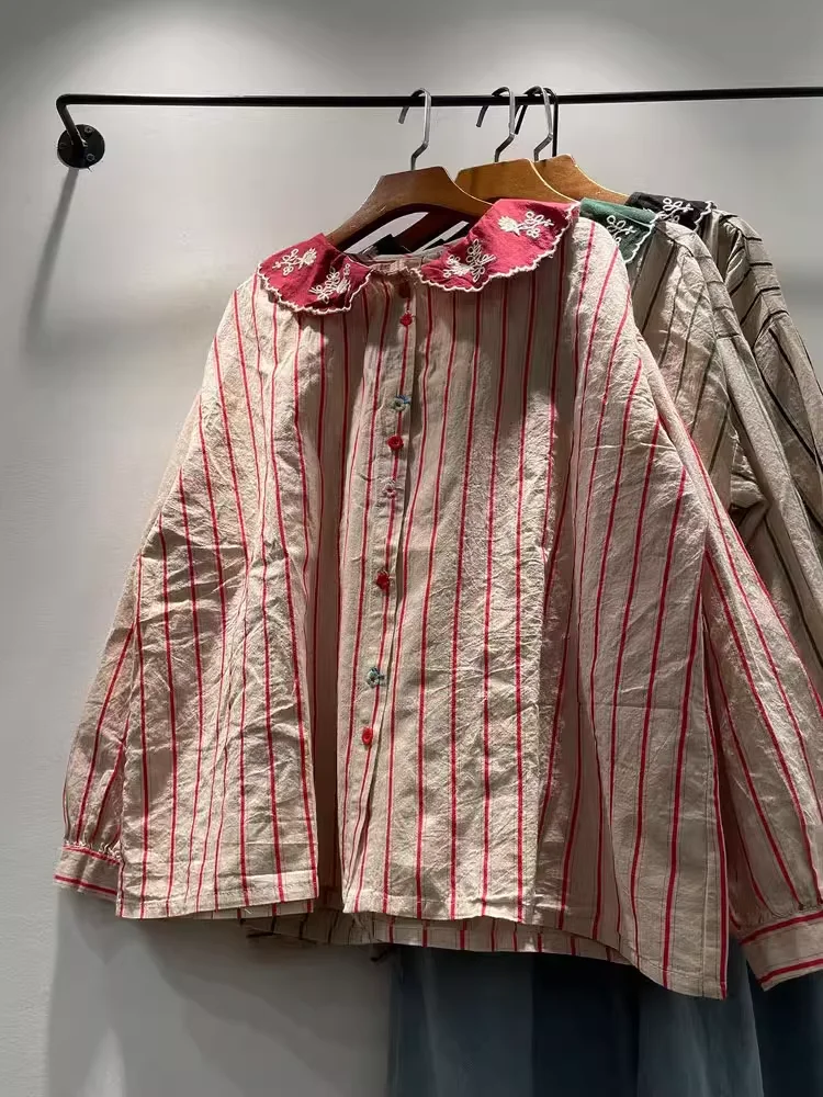 

2025 Youth women's blouses 100% cotton peter pan collar striped shirts long sleeve woman tops and blouses Japan clothes
