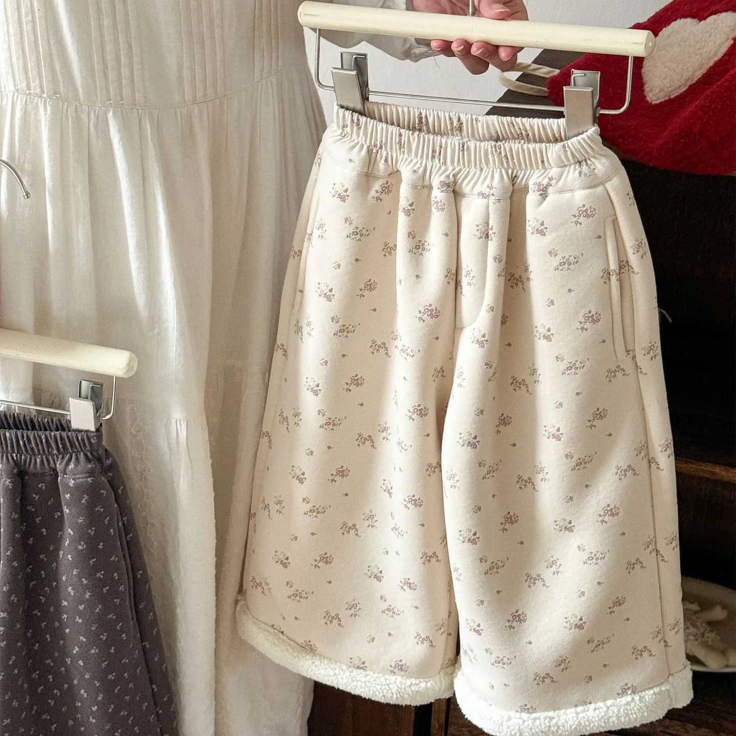 Children's Western Style Floral Flared Straight Leg Pants Winter New Korean Version Girls' Plus Alpaca Wool Pants