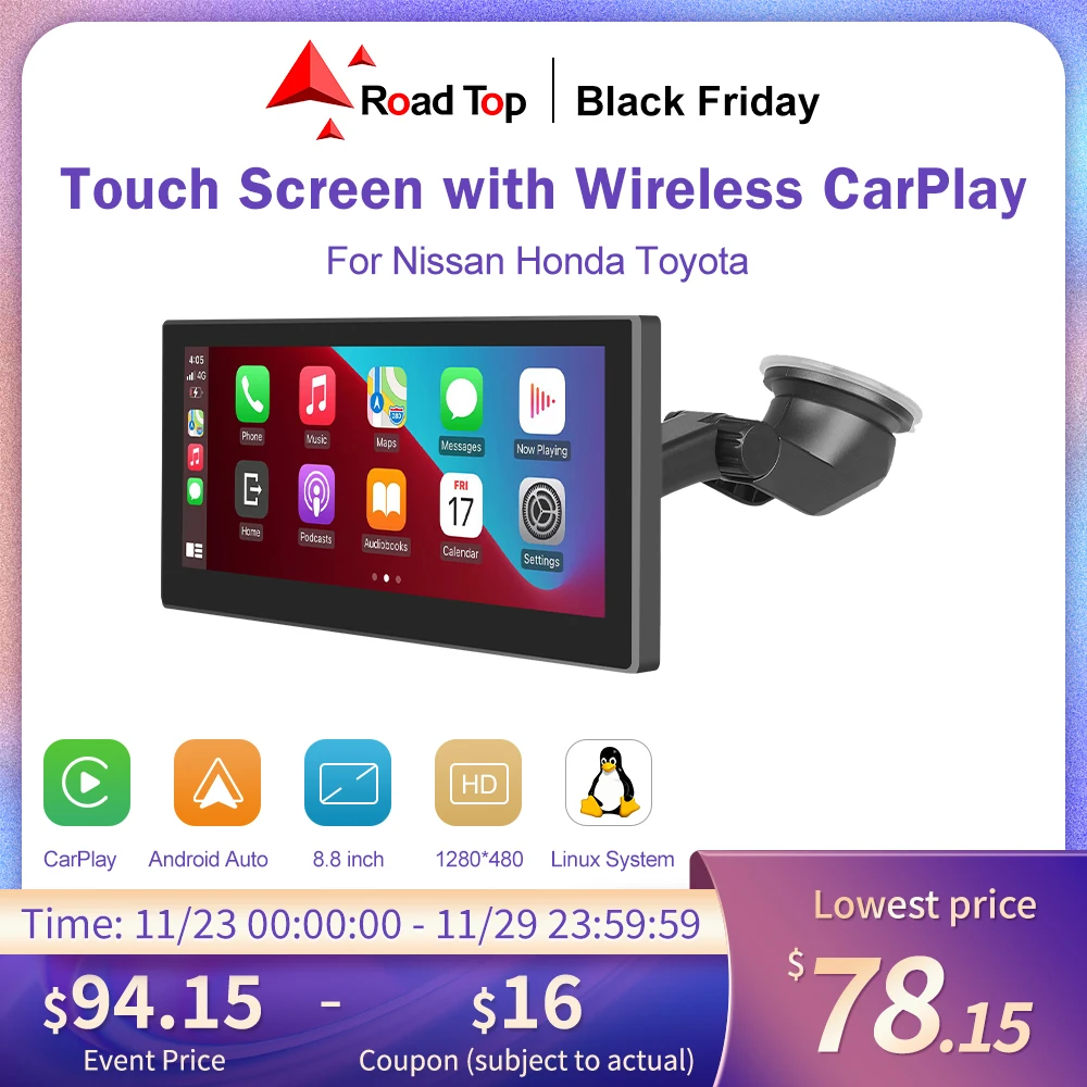 8.8 Inch Universal Wireless Carplay Display For Nissan Honda Toyota with Android Auto Mirror Link Bluetooth USB Play Rear Camera