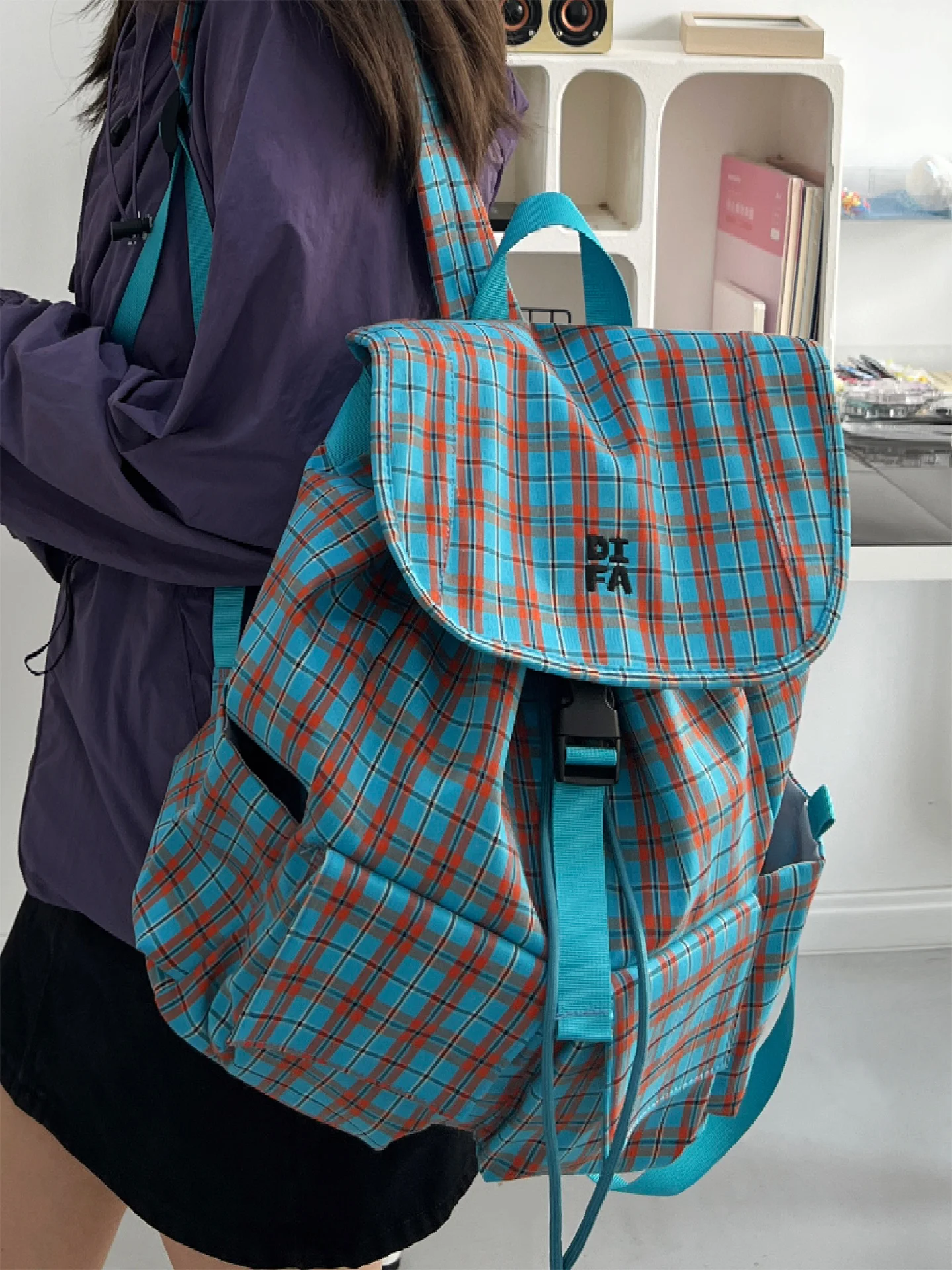 

Korean Plaid Simple Dstring Travel Bapa Lightweight College Student oulder Bag Women's School Sle Dual-strap Pa