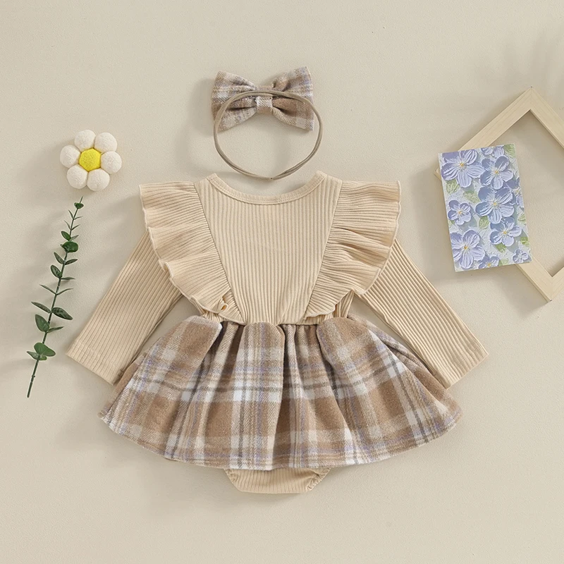 Lioraitiin Newborn Baby Girls Daily Ribbed Romper Dress Ruffle Shoulder Long Sleeve Tutu Floral Plaids Skirt Hem Jumpsuits